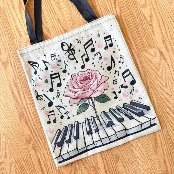 Music Notes Rose Piano Keys Tote Bag Polyester Lightweight Feminine Book Bag - Picture 1 of 7
